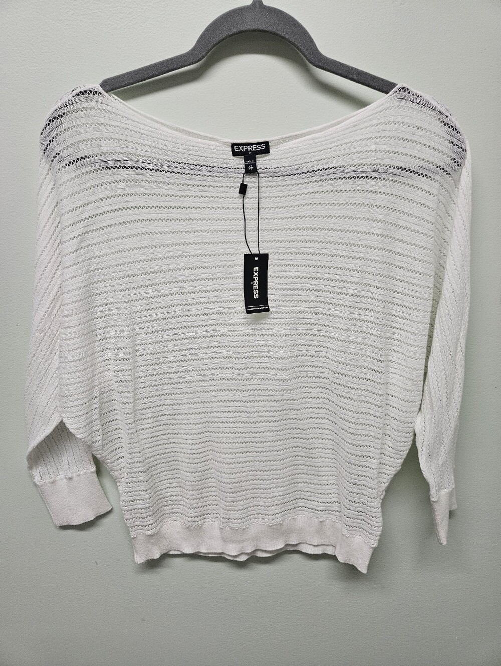 Express Sheer Knit Sweater Top Boat Neckline White Dolman Sleeves Cotton XS